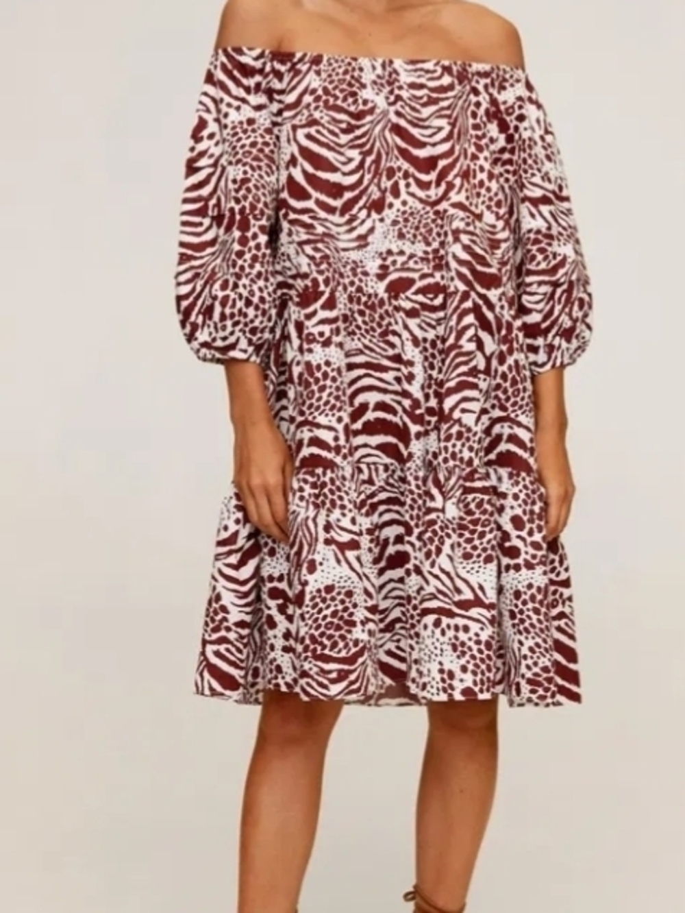 Mango Off-Shoulder Burgundy and White Printed Tiered Dress Sz. 4